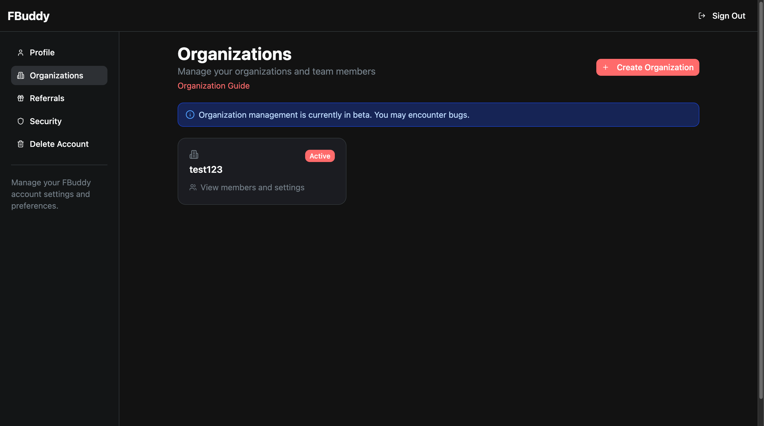 Organizations tab
