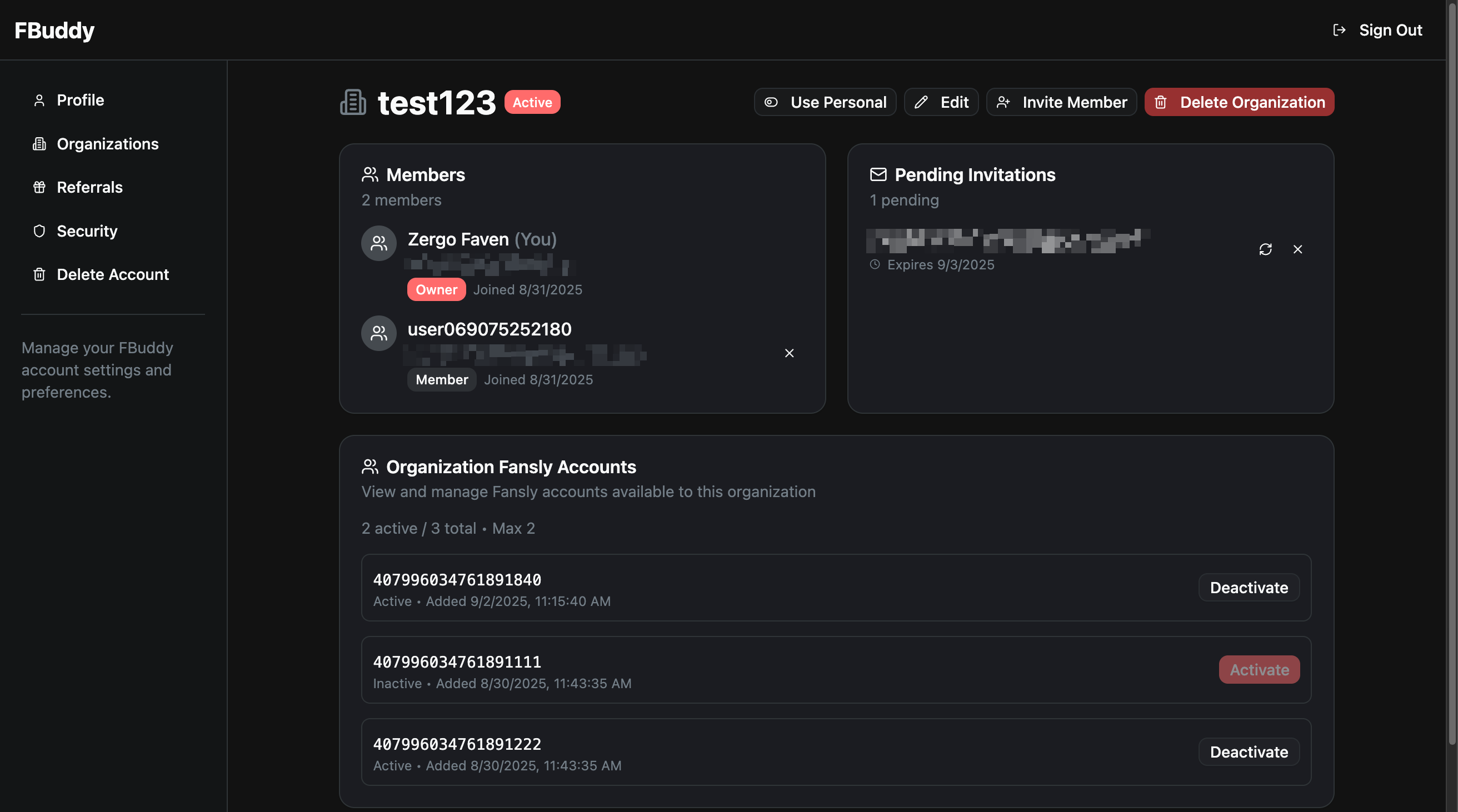 Organizations tab