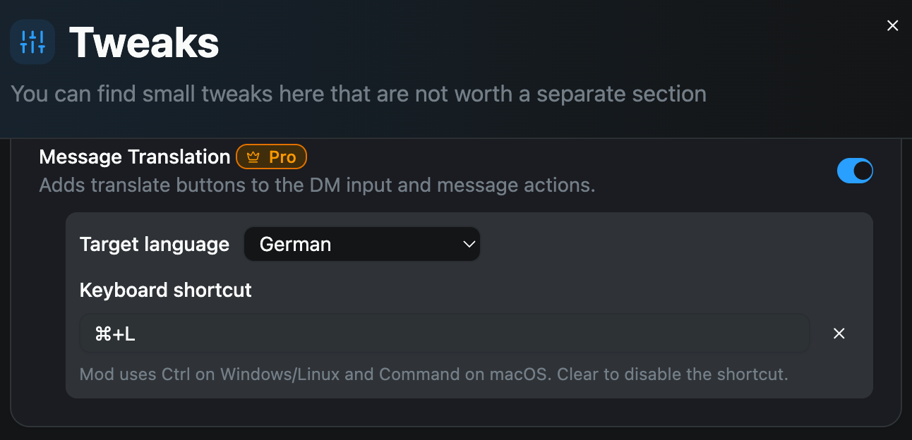 Message Translation keyboard shortcut