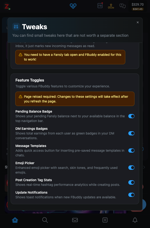 Tweaks modal