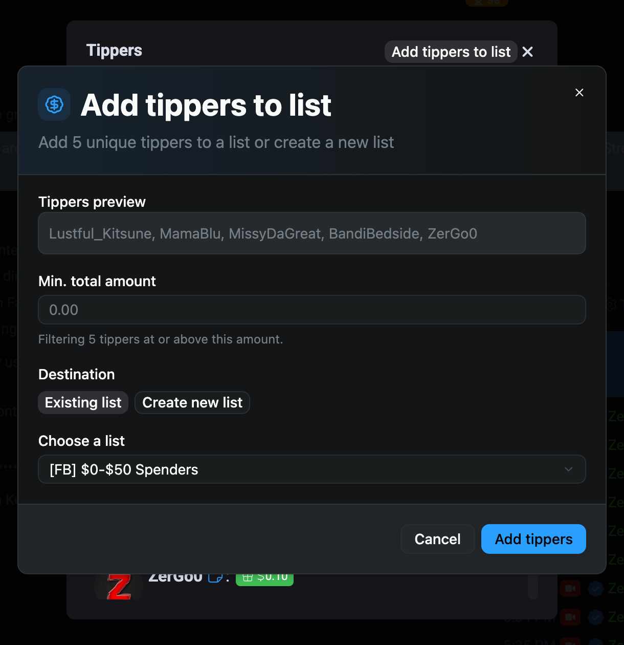 "Add Tippers to List" feature