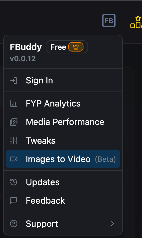 Images to Video in the extension button dropdown