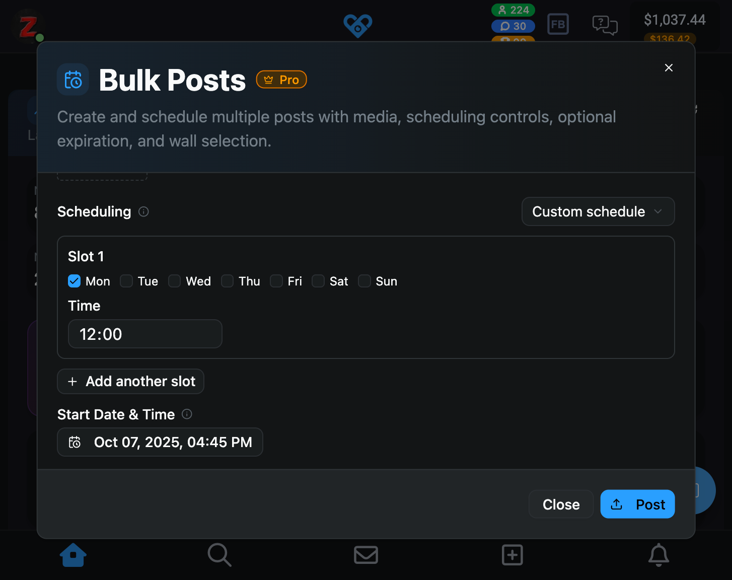 Bulk Posts "Custom schedule" mode