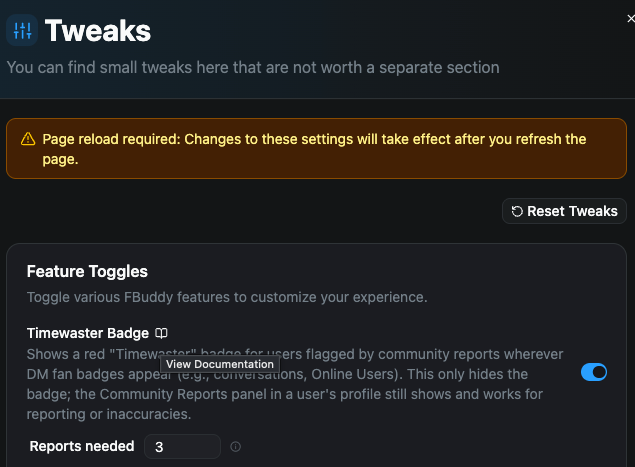 Tweaks dialog with documentation links
