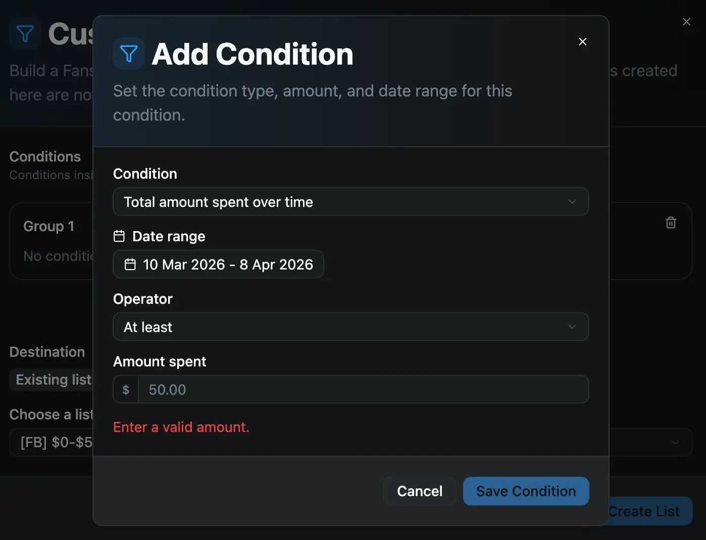 Custom List Builder feature preview conditions