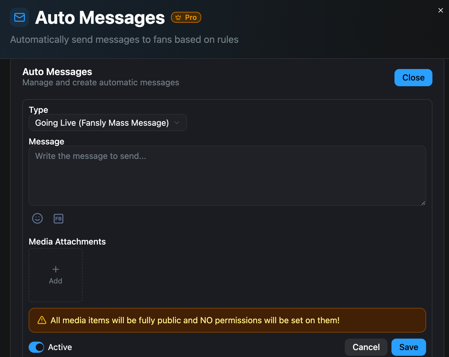 Going Live auto message type