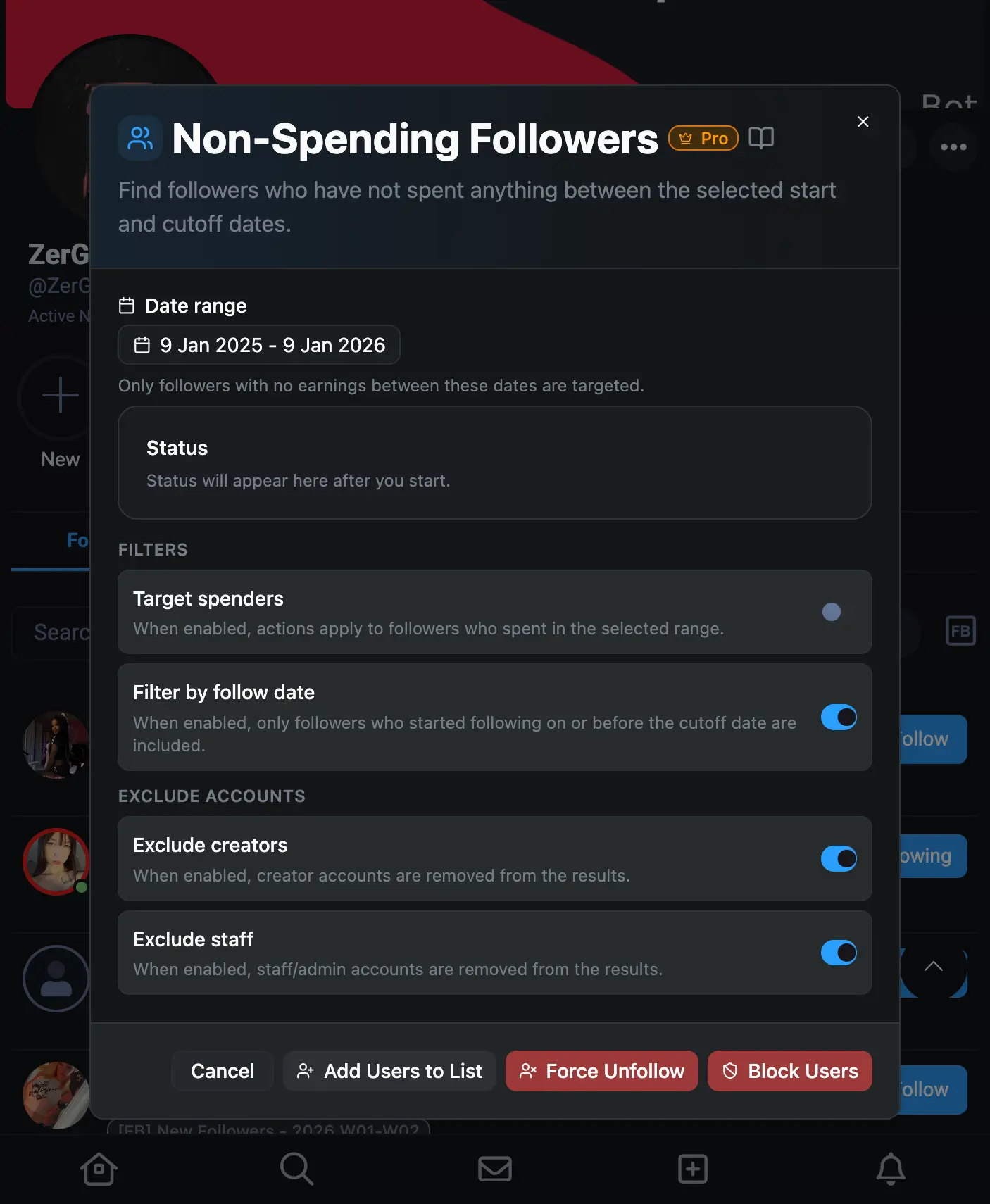 Non-Spending Followers Filters section