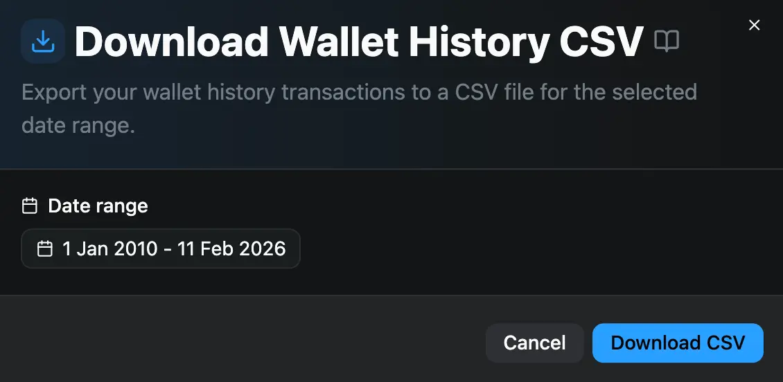 Download Wallet History CSV feature preview
