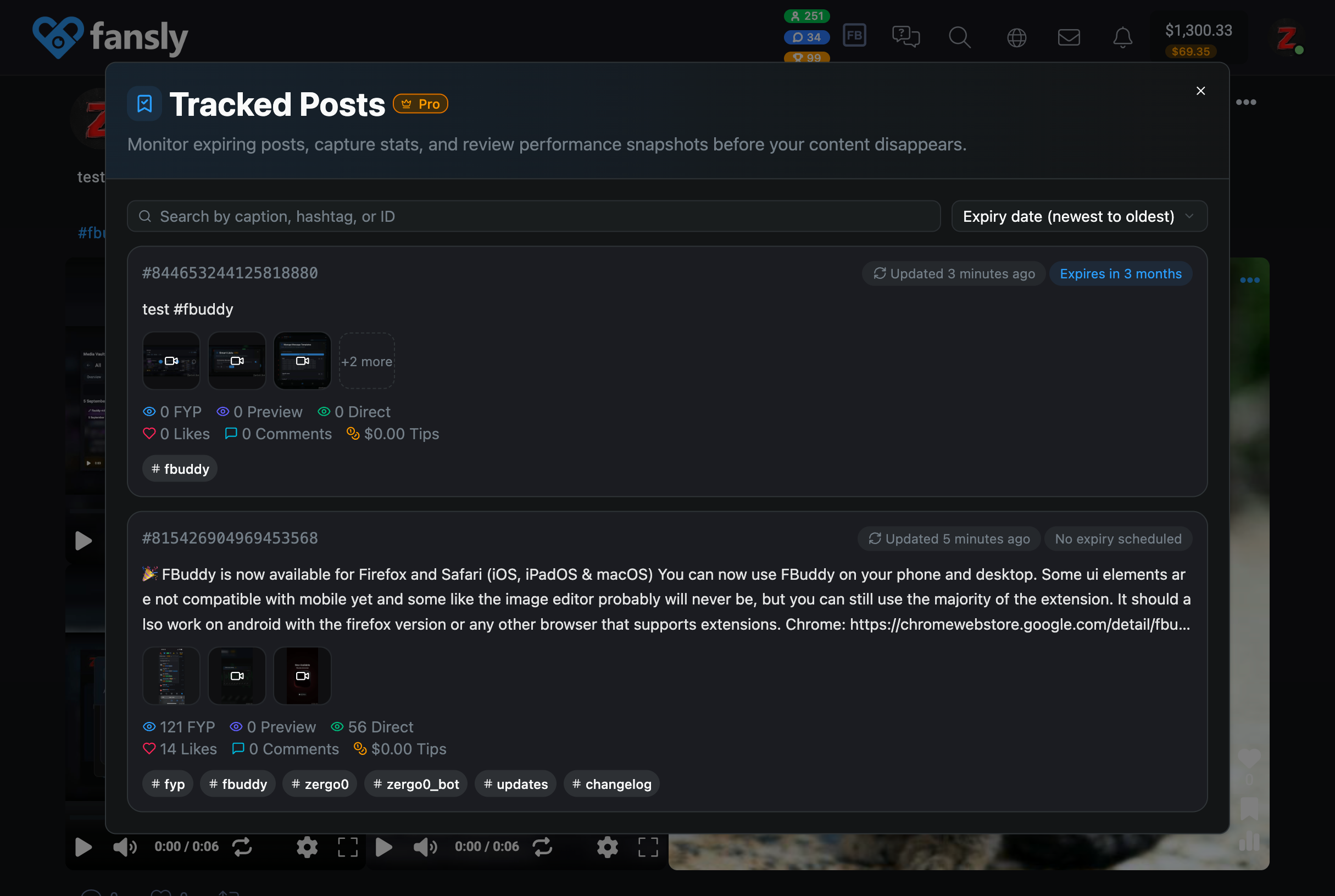 Tracked Posts modal preview