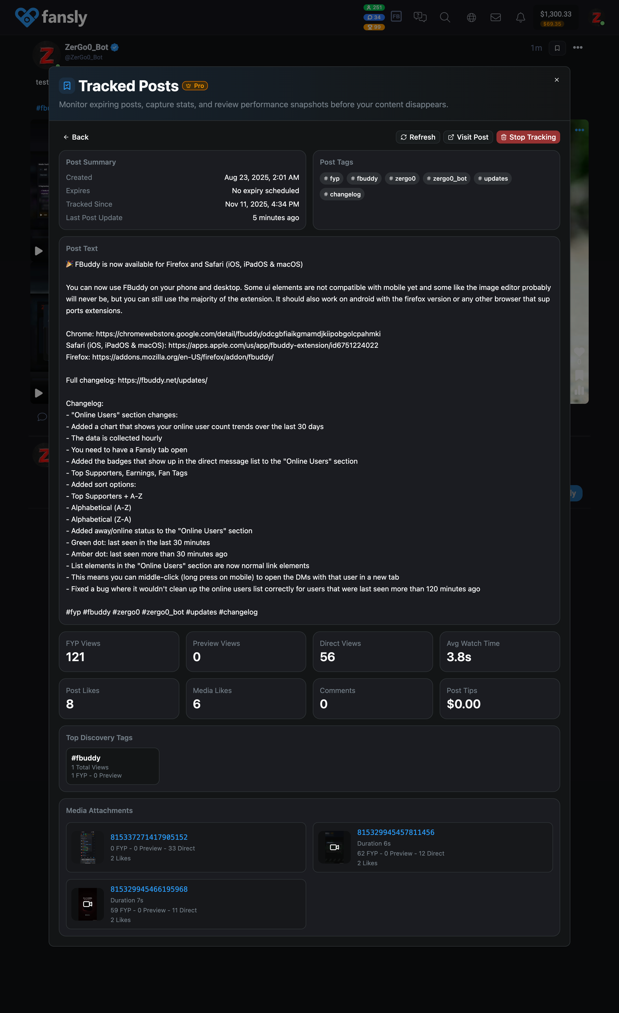 Tracked Posts post details preview