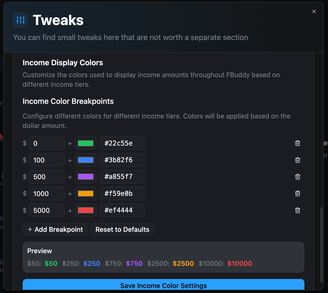 Income Display Colors