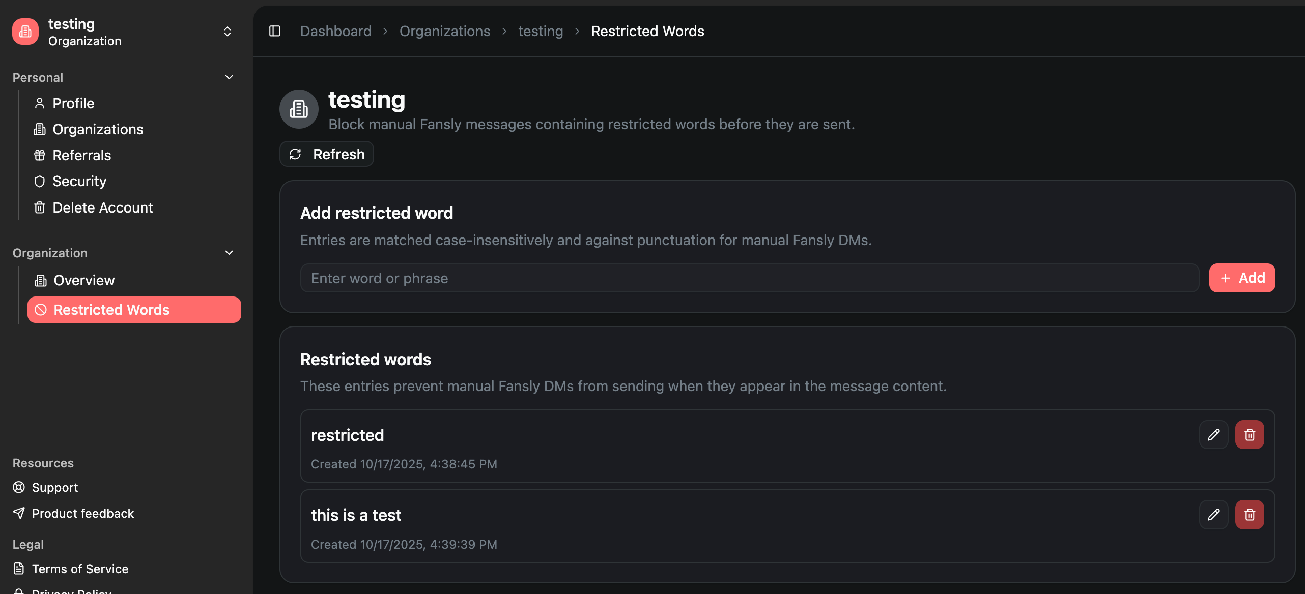 Restricted Words tab