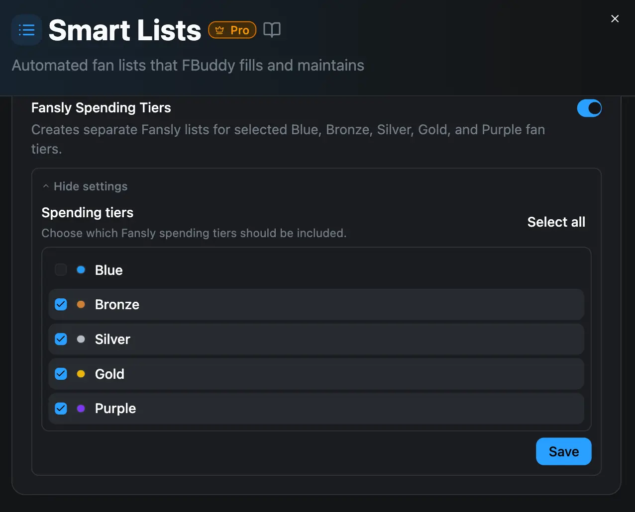 Fansly Spending Tiers smart list type preview