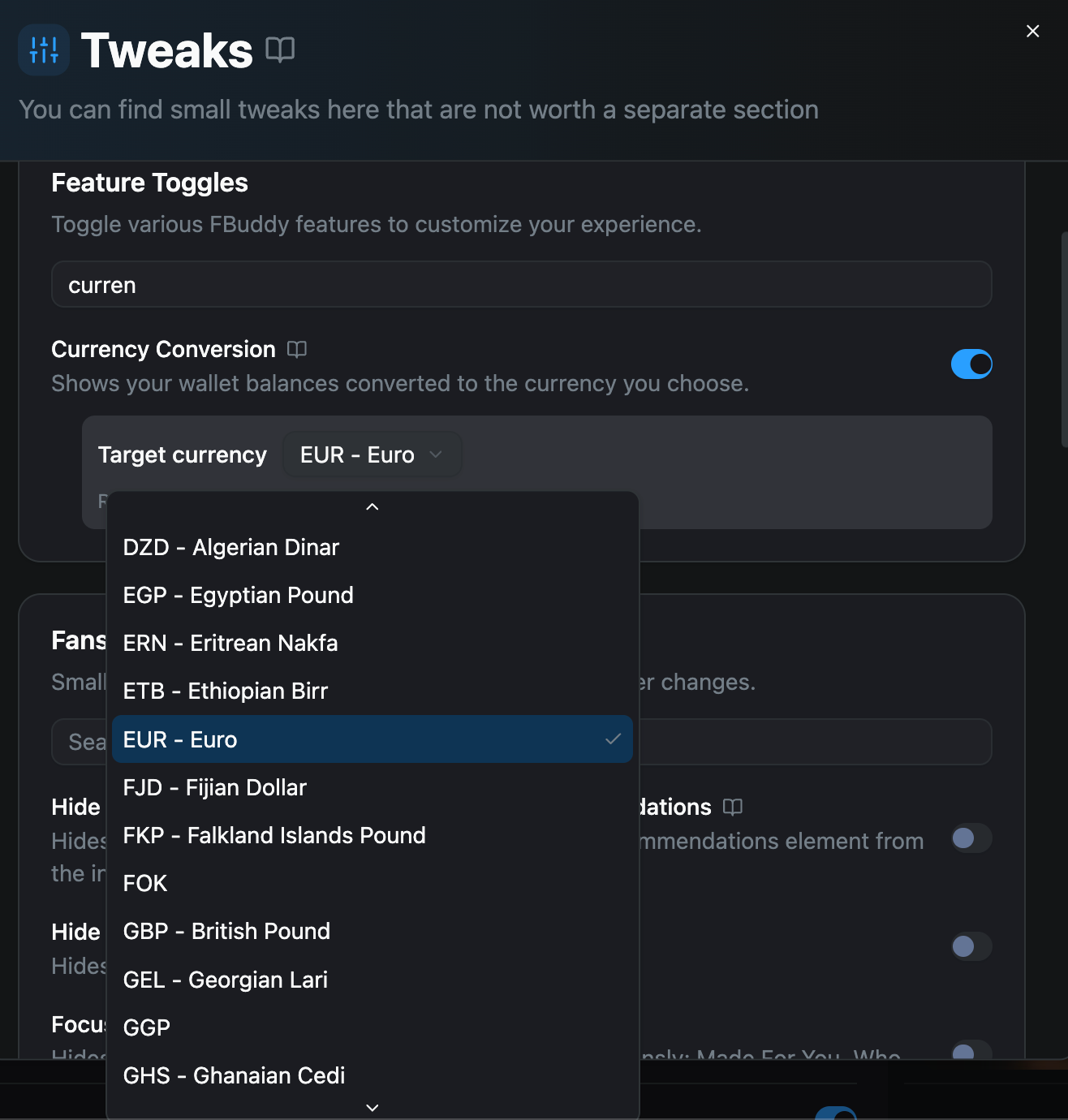 Currency Conversion feature in tweaks dialog