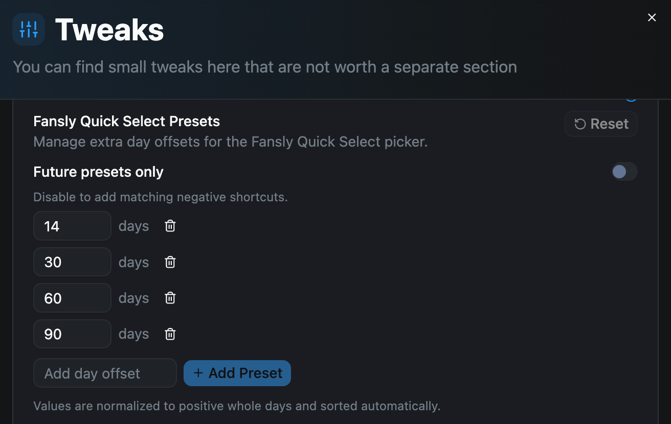 "Fansly Quick Select Presets" tweaks dialog