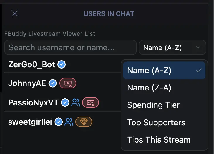 替换 Livestream Viewer List Fansly 微调搜索和排序选项预览