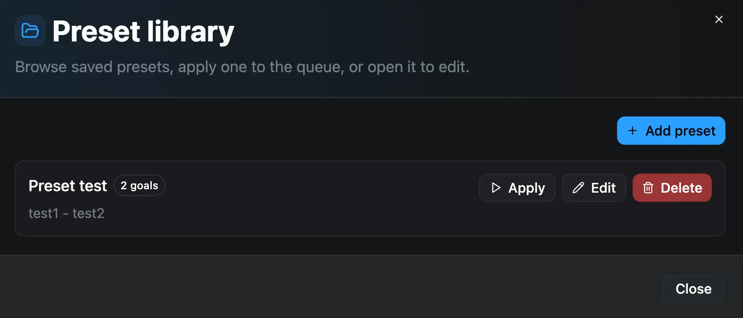Auto Goals presets preview