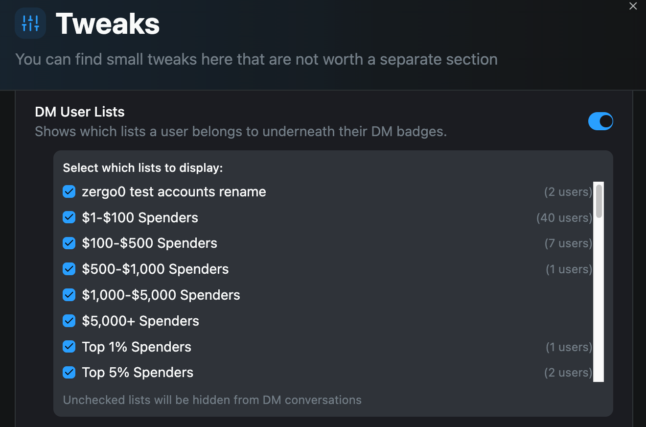 DM User Lists Selection