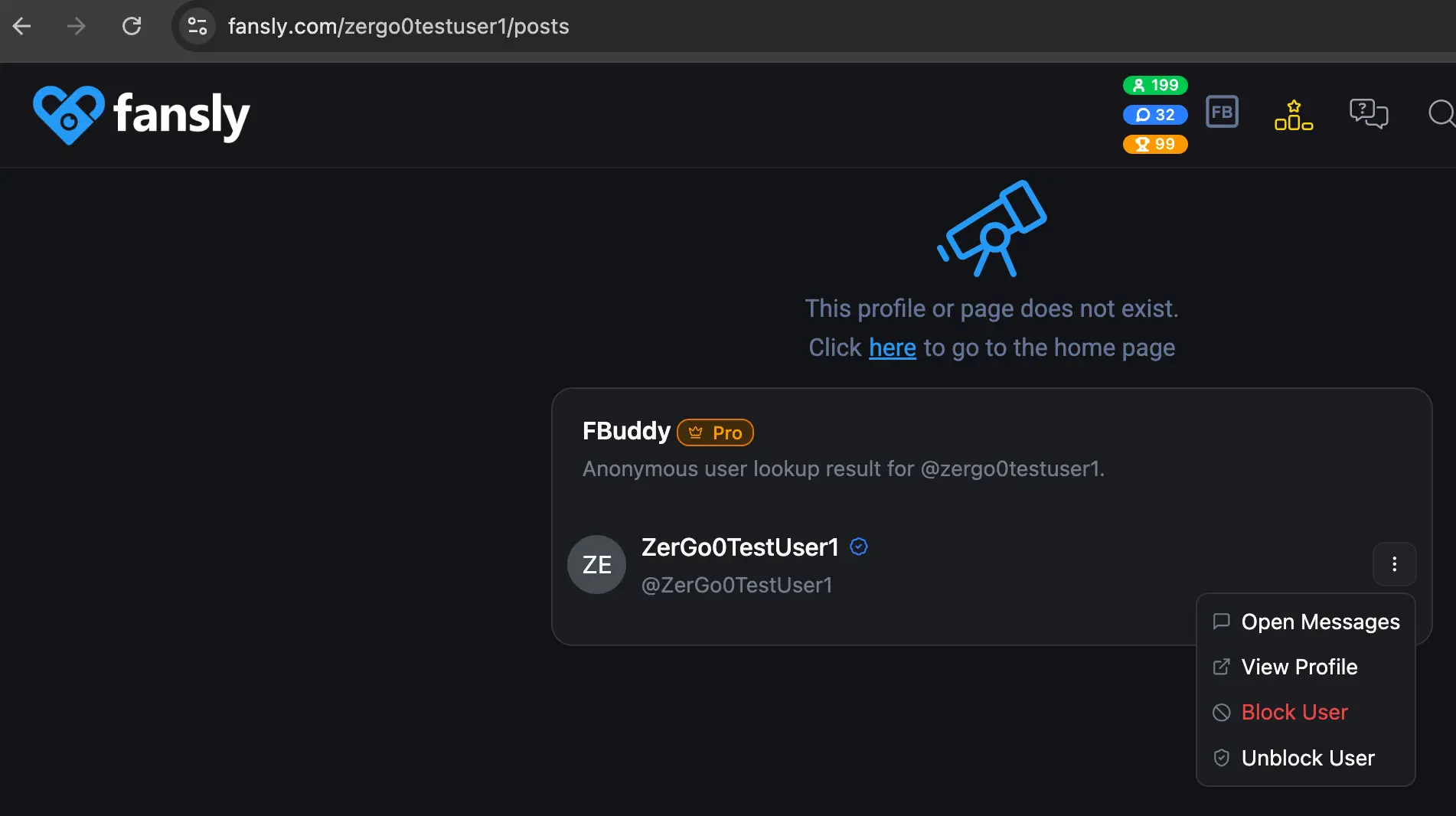 User Lookup on Fansly's Not Found page