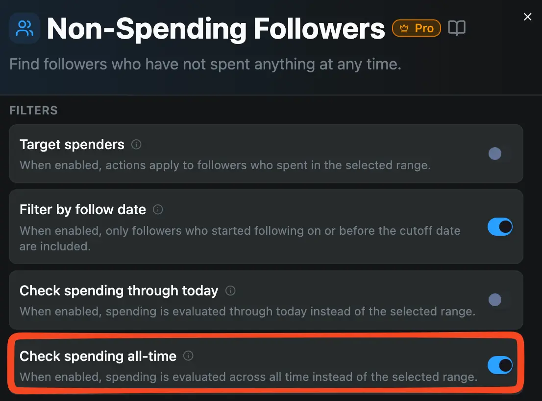 Non-Spending Followers feature Check spending all-time filter