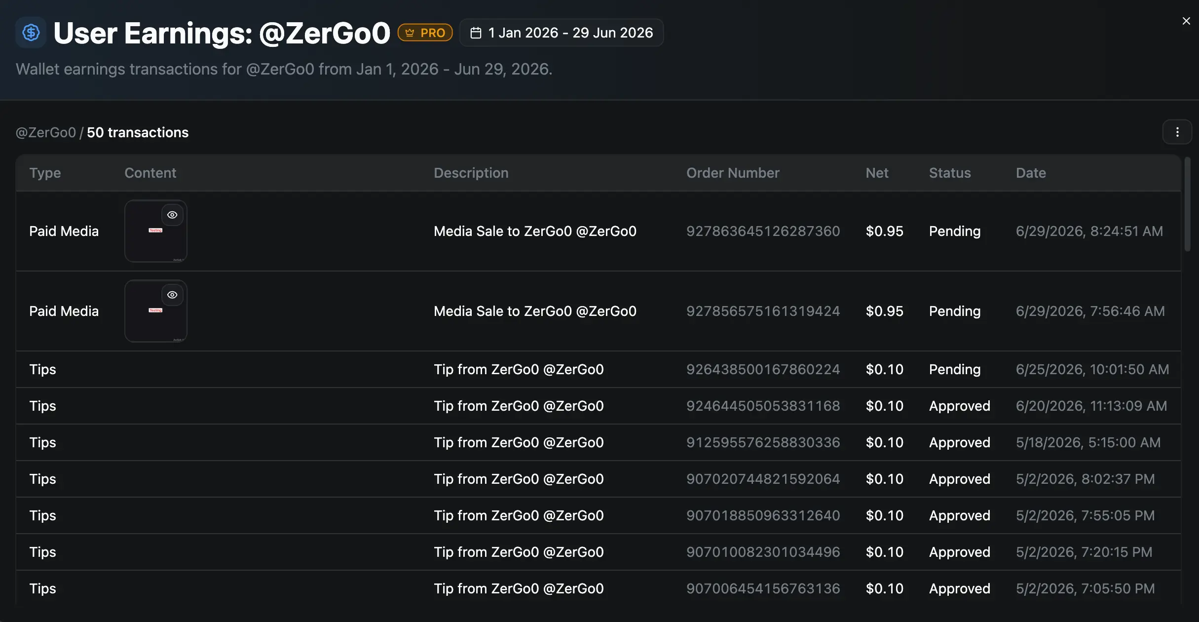 User Earnings Preview