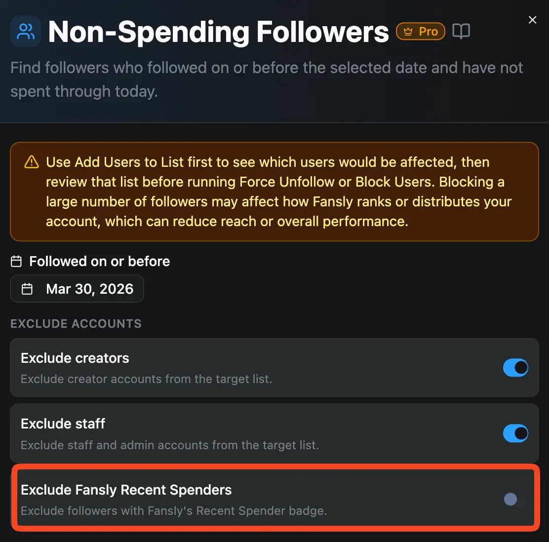 Non-Spending Followers feature new Exclude Fansly Recent Spenders option preview