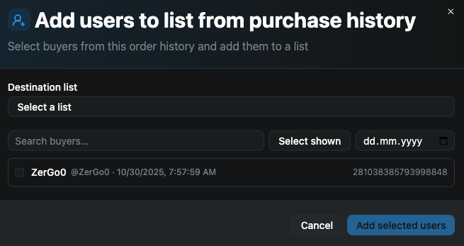 Add Users to List from Purchase History